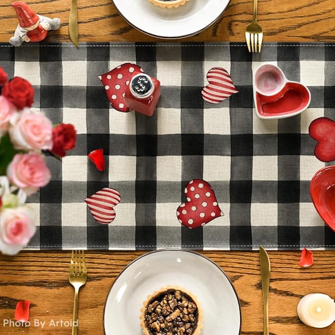 Artoid Mode Watercolor Buffalo Plaid Hearts Truck Love Valentine's Day Table Runner, Seasonal Anniversary Wedding Holiday Kitchen Dining Table Decoration for Indoor Outdoor Home Decor 13 x 108 Inch