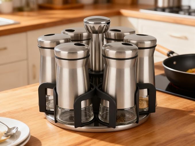 360째 Rotating Spice Rack竊똕pice Rack Organizer for Cabinet - Includes 6pcs Glass Spice Jars and Labels,Spice Storage, Cooking, Outdoor BBQ,(Spices Not Included) (Modern)