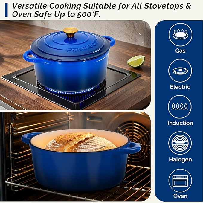 Parmedu 5.5 Quart Enameled Cast Iron Dutch Oven Pot with Lid, Heavy-Duty, Oven Safe up to 500째 F & Across All Cooktops, Perfect for Bread Baking, Stews, Braising & Roasting, Sapphire Blue