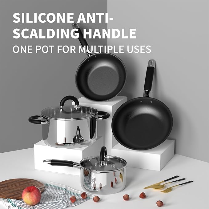 Pots and Pans Set, Stainless Steel Cookware Set of 6, Non Stick Frying Pans, 5 Ply Base Dishwasher Safe