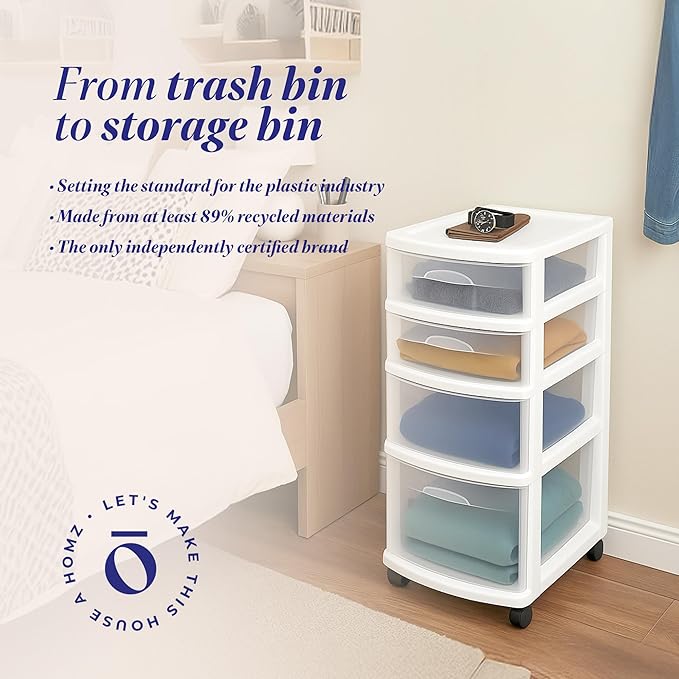 HOMZ Drawer Tower, 4-Tier Clear Plastic Storage Organizer Cart, White Frame ??Rolling Containers with Wheels for Bathroom, Bedroom, Office, and Classroom Organization