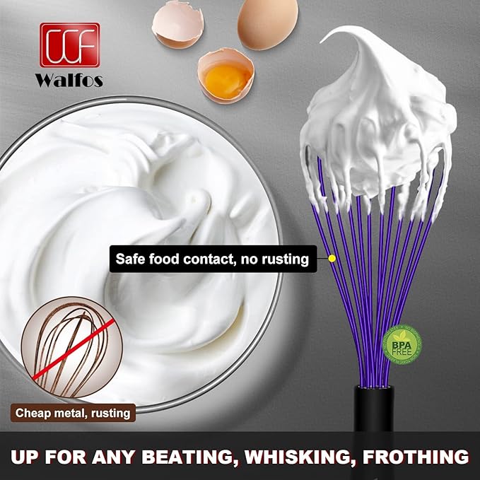 Walfos Whisk,7+9+11in Silicone Whisks for Cooking Non Scatch,Kitchen Whisk,BPA Free and Heat Resistant 480째F,Wisk Perfect for Frothing,Blending,Beating.Dishwasher Safe 3pcs Dark Purple