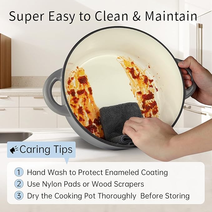 6 Quart Enameled Cast Iron Dutch Oven Pot with Lid, Oven Safe up to 500째F or on Stovetop, Non-stick Dutch Oven for Bread Baking, Cooking, Dual Handles Cookware, Grey
