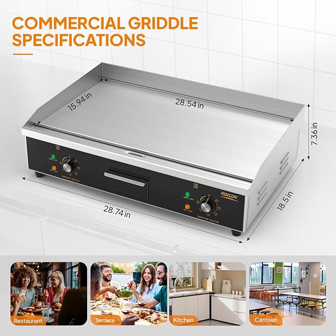 ROVSUN 30" Electric Countertop Flat Top Griddle, 3000W Electric Griddle, Teppanyaki Grill Stainless Steel with Adjustable Temperature Control 122째F-572째F for Commercial Home Restaurant, Plug