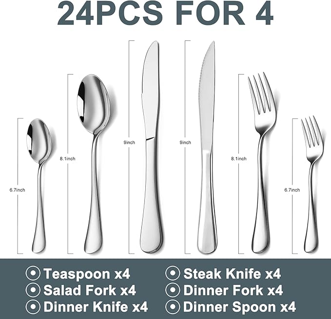 24-Piece Silverware Set with Steak Knives,Flatware Set for 4, Food-Grade Stainless Steel Tableware Cutlery Set, Mirror Finished Utensil Sets for Home Restaurant