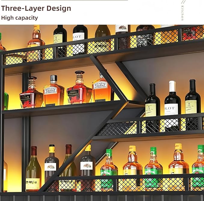 Liquor Bottles Bar Shelves Wall,Metal Bar Shelves Wall Mounted,Wall Mounted Wine Rack with LED Light with Glasses Holder, for Dining Room Home Cellar Industrial Iron Frame for Kitchen (Black, 79in)