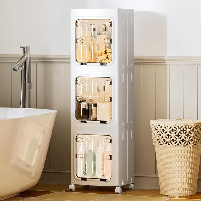 JEKO&JEKO Narrow Bathroom Storage Cabinet, 3-Tier Slim Tall Cabinet Organizer with Wheels, Foldable Plastic Storage for Small Spaces, White