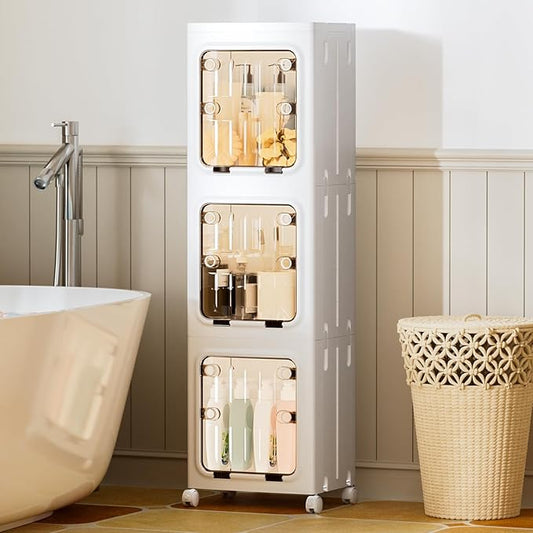 JEKO&JEKO Narrow Bathroom Storage Cabinet, 3-Tier Slim Tall Cabinet Organizer with Wheels, Foldable Plastic Storage for Small Spaces, White