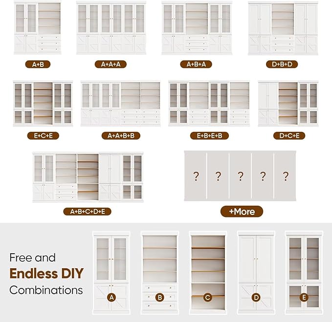 Vyre 70.8" Bookshelf with Glass Doors, Farmhouse Modular Bookcase with 6-Tier Adjustable Shelves, Large Storage Cabinet for Living Room & Home Office, Set of 2, White