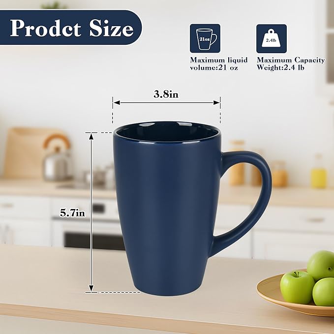 20oz Extra Large Ceramic Tall Coffee Mugs Set for Coffee Tea Hot Cocoa set of 4 Dishwasher & Microwave Safe (Matte blue)