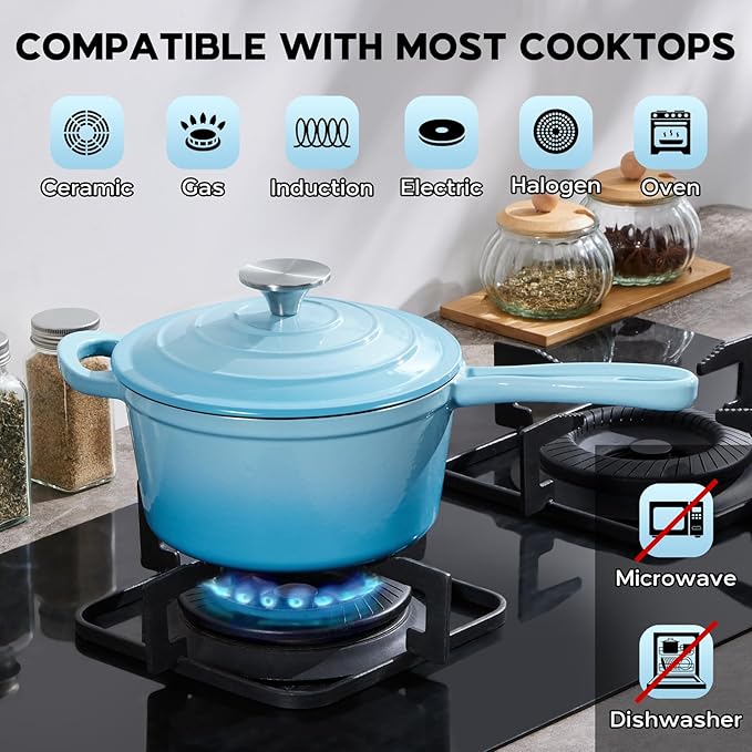 Onader 2 Quart Enameled Cast Iron Saucepan, Small Cast Iron Sauce Pan Pot for Cooking, Enamel Dutch Oven Kitchen Pot ??Lake Blue