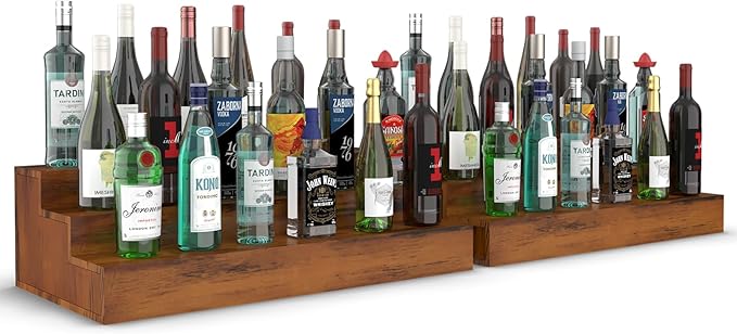2 Pack Liquor Bottle Stand - 3 Tier Liquor Bar Bottle Display Shelf, Holds 36 Bottles, Real Wood, Easy to Clean, No Installation Required - 24 Inch Each (Dark Walnut)