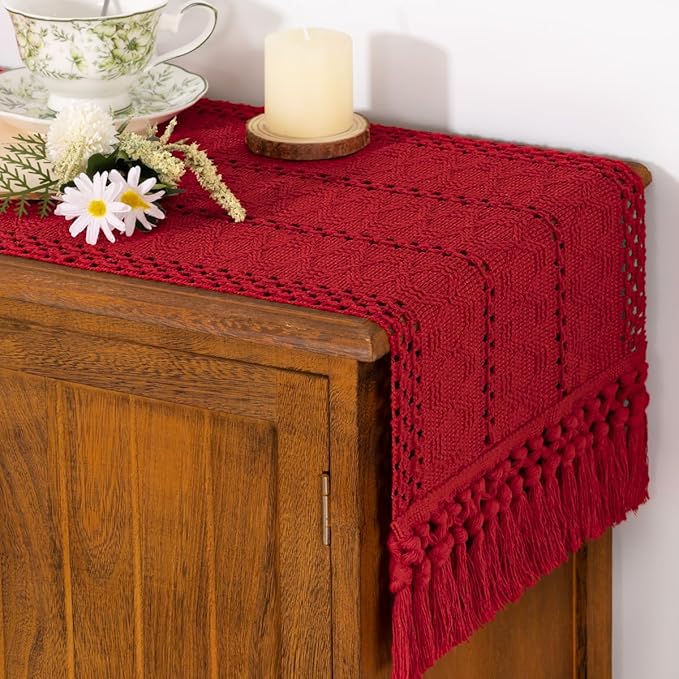 Socomi Boho Table Runner Macrame Valentine's Day Farmhouse Woven Cotton Linen Rustic Coffee Table Runner with Tassels for Dresser Scarf Home Decor Dining Room 12x90 in Red