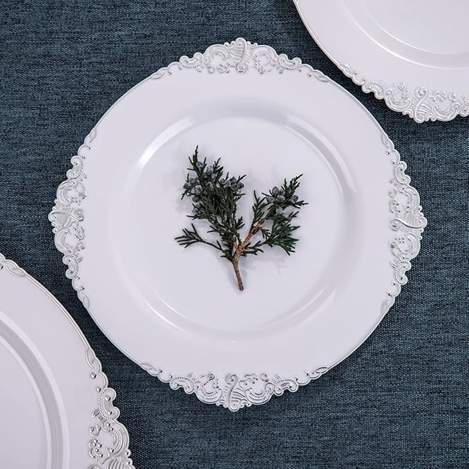 Hioasis 100pcs White Silver Plastic Plates for Party - 7.5" Dinner Plates Disposable, Heavy -duty, Classy and Elegant for New Year