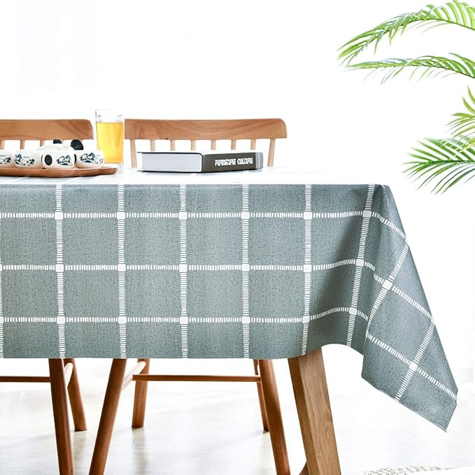 Fall Vinyl Waterproof Checkered Tablecloth, Rectangle Plastic PVC Oilcloth Tablecloths Wipeable Table Cloth Cover for 6 Foot Folding Tables, Kitchen, Dining Room Table, Crafting Grey, 54x72 Inch