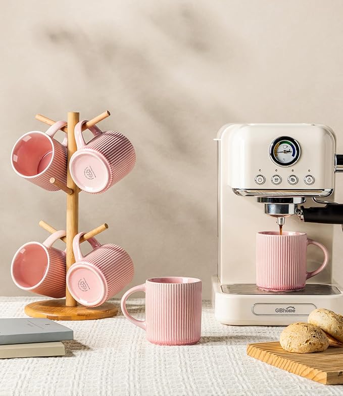 GBhome Coffee Mugs Set for 6, 11oz Coffee Cups with Handle for Man,Woman,Dad,Mom, Stoneware Mugs Sets for Coffee, Latte,Tea, Hot Cocoa, Milk, Dishwasher&Microwave Safe,Pink