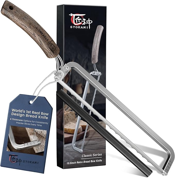 Left-Handed Bread Knife for Homemade Bread, World's 1st Real Bow-Design Sourdough Bread Slicer, Razor-Sharp Cutter for Crusty Sourdough & Baguette, 4 Thickness Scale Marks, Christmas gift