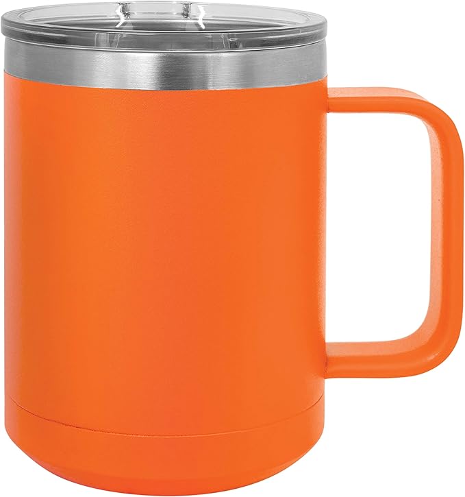 Clear Water Home Goods - (Bulk Pack of 12-15 oz Double Wall Coffee Mug with Lid and Handle, Double Insulated Stainless Steel Travel Tumbler Cup - Powder Coated - Orange