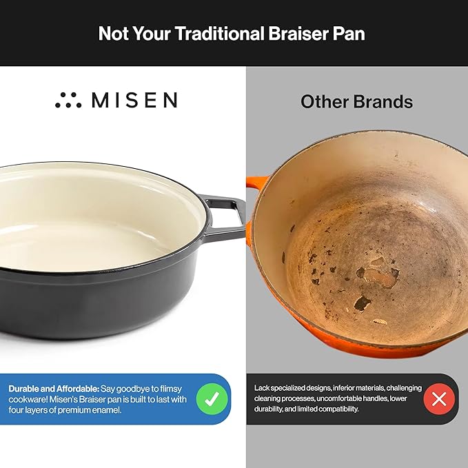 Misen 5.5 QT Braiser ??Enameled Cast Iron Pan for Searing, Braising & Slow Cooking ??No-Chip Enamel Coating ??Extra-Wide Handles ??Superior Heat Retention & Even Cooking - Black