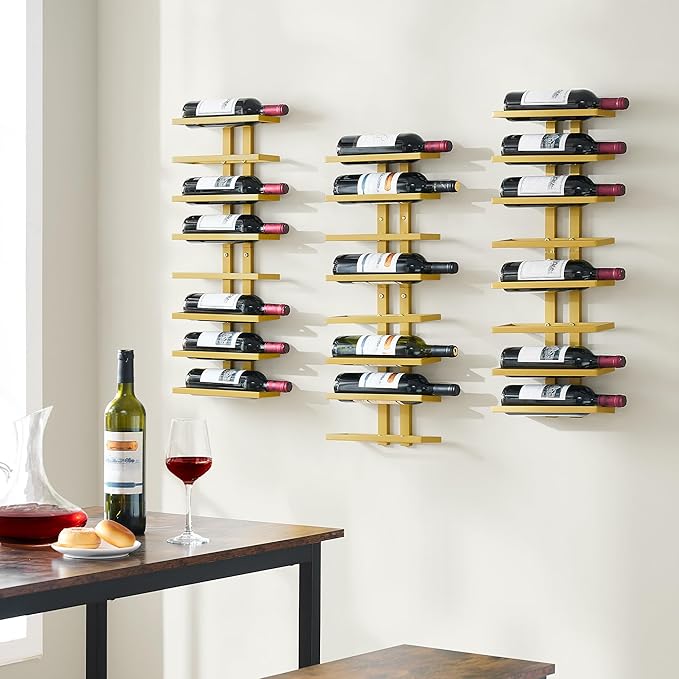 Hoctieon 3-Set 8 Tier Wall Mount Wine Rack (24 Tiers), Wall Racks for Wine Bottles Display and Storage, Hanging Bottle Organizer for Living Room, Dining Room, Wine Cellar, Bar, Gold