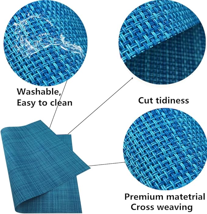WAZAIGUR Placemats,Easy to Clean Crisscross Woven Vinyl Place Mats Durable Non-Slip Heat Resistant Table Mats,Placemats for Kitchen Table Set of 8,Blue