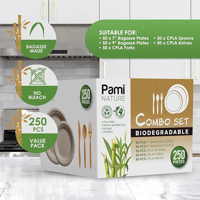 PAMI 250-Piece Compostable Degradable Tableware Eco Set Disposable Sugarcane Plates, Cutlery & Cups Heavy-Duty Eco Dinnerware