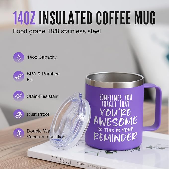 NOWWISH Inspirational 14oz Purple Mug with Handle, Sometimes You Forget You're Awesome Stocking Stuffer for Women, Unique Christmas Birthday Gifts for Her, Mom, Daughter, Wife