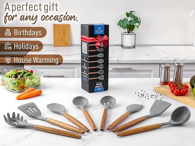 Zulay Kitchen Utensils Set Non-Stick Silicone Cooking Utensils Set with Authentic Acacia Wood Handles - 8 Piece Set - Silicone Kitchen Utensils Set with 464째F Heat Resistance - Gray