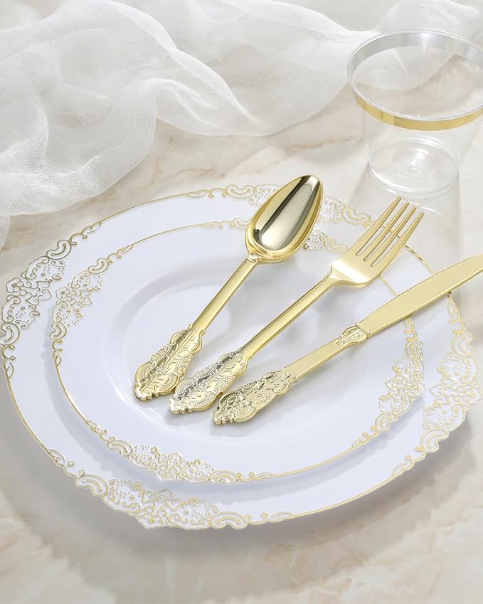 Goodluck 350 Piece Gold Plastic Dinnerware Set for 50 Guests, Fancy Disposable Plates, Include: 100 Gold Rim Plastic Plates, 150 Silverwares, 50 Pre Rolled Napkins, 50 Cups for Party, Wedding