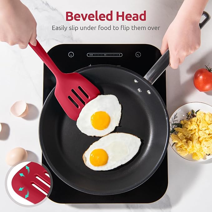 600쨘F Heat Resistant Silicone Turner: U-Taste 13.6in Long Solid & Slotted Thick Kitchen Spatula Flipper, Large Flexible Cooking Utensil for Flipping Egg, Pancake in Nonstick Cookware (Rose Red, 2PCS)