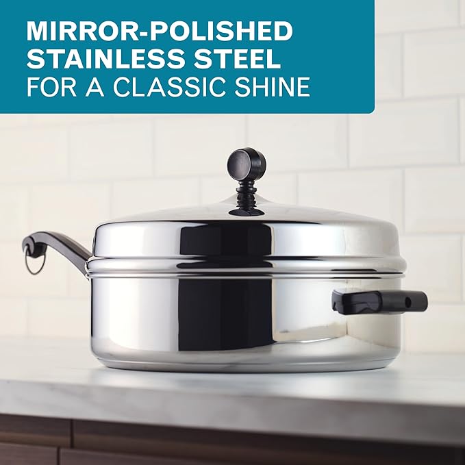 Farberware Classic Series Anniversary Edition Stainless Steel Saut챕 Pan and Lid with Helper Handle, Induction Suitable, 6 Quart Jumbo Cooker, Metal Utensil Safe - Stainless Steel