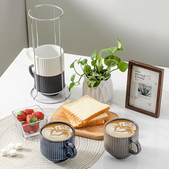 HASENSE Coffee Cups Set of 4 with Stand, 15 OZ Stackable Coffee Mugs with Handle for Tea, Cocoa, Cappuccino, Latte and Americano, Porcelain Vertical Stripe Coffee Cups for Men and Women, Colorful