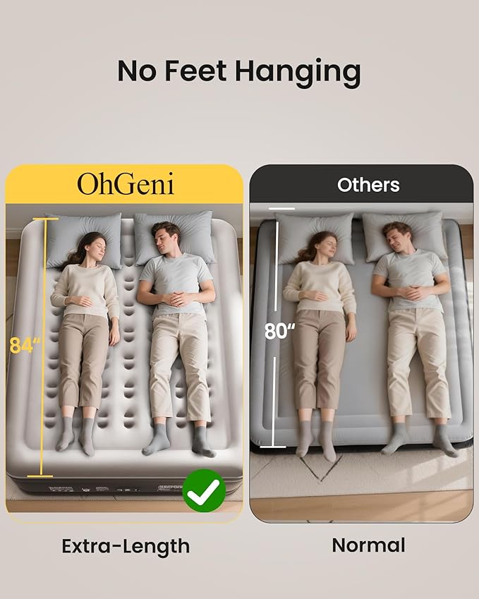 OhGeni Cal King Air Mattress with Built in Pump, 18" Tall Inflatable Blow Up Bed, Luxury Comfort for People(190CM Height), Keep Feet from Dangling, Foldable & Portable Colchon inflables, Black