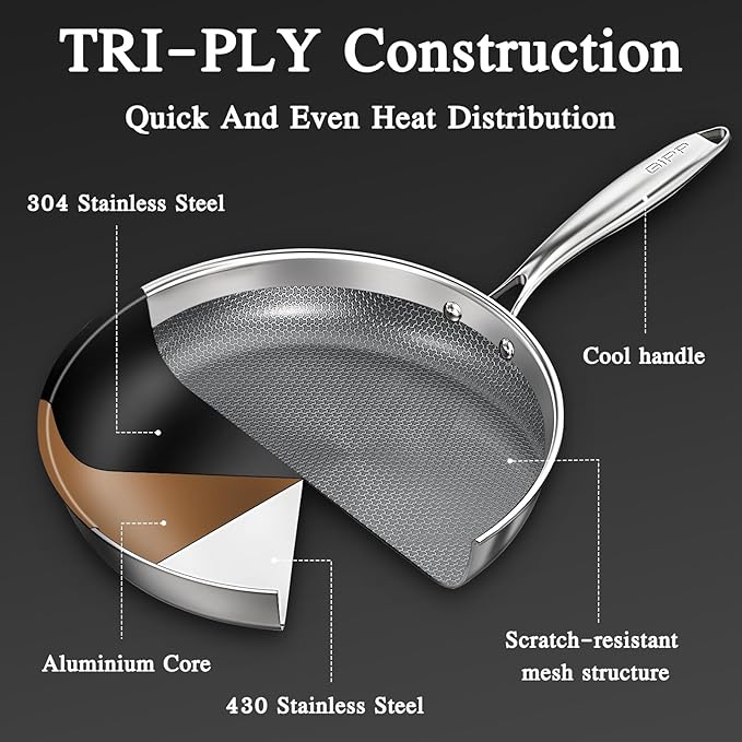 GiPP Tri-Ply Stainless Steel Frying Pan, 10 inch Hybrid Frying Pans Nonstick Skillets, Dishwasher and Oven-Safe, Induction Ready, Compatible with All Cook tops, PFOS/PFOA Free
