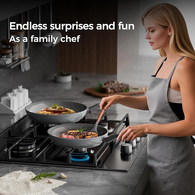 Sanho Ceramic Frying Pan Set, 8 & 10 Inch Non Toxic Non Stick Cookware Set, PFAS & PFOA Free, Induction Safe Pan, Dishwasher Safe, Gray