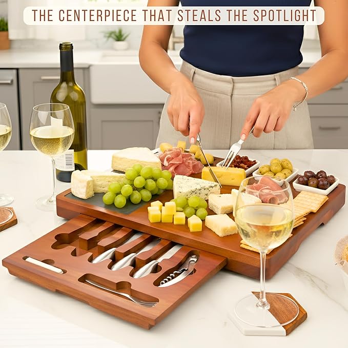 Personalized Acacia Wood Charcuterie Board Set with Stainless Steel Knives ??Custom Cheese Board Gift for Wedding, Christmas, Housewarming, Bridal Shower, Anniversary, Women and Couples, Gifts for Her