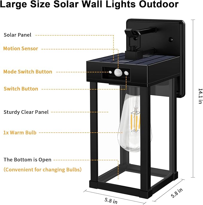 2 Pack Outdoor Solar Wall Light Fixtures With Dusk To Dawn Sensor,Large Size Black Outdoor Wall Lights with 3Lighting Modes,Exterior Waterproof Solar Wall Sconce Light for Outside,Garage(Black-2P)
