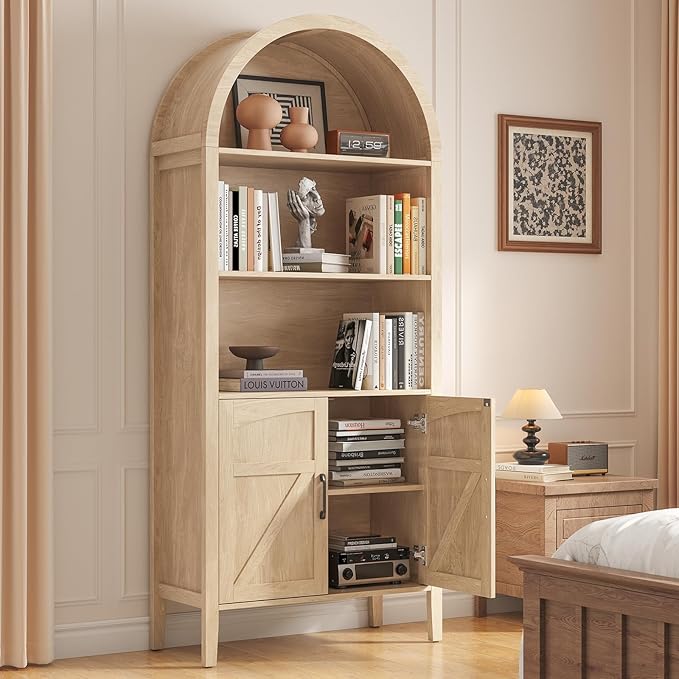 ONBRILL 71" Tall Arched Bookshelf, 5-Tier Arched Bookcase with Door & Storage Cabinet, Farmhouse Display Bookshelf Cabinet with Adjustable Shelf, Freestanding Wood Bookcase for Home Office, Study