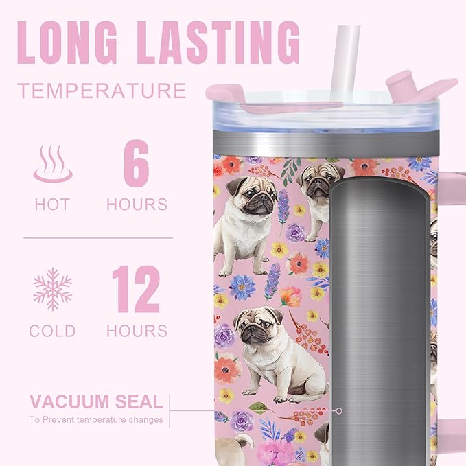 Yogusut Pug Gifts for Women, 40oz Stainless Steel Insulated Tumbler Travel Mug Cup with Handle Straw, Gifts for Dog Mom Dog Lover