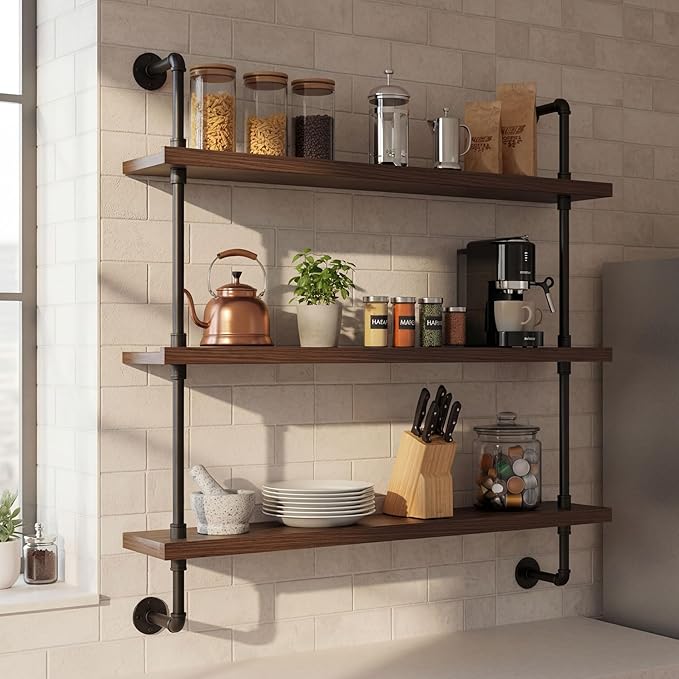 47.2-inch Modern Wall-Mounted Wine Rack with LED Lights, 3-Tier Liquor Bottle Display Bar Shelves, Industrial Wine Rack Floating Shelf, Multifunctional Wine Storage Rack for Home, Kitchen or Bar Decor