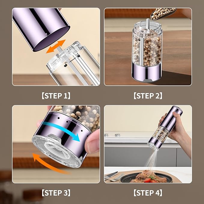 Electric Salt and Pepper Grinder Set Automatic Refillable Salt and Pepper Grinders with LED Light Pepper Grinder Kitchen Gadgets Adjustable Coarseness,One Handed Operation, Large Capacity