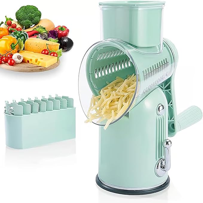 5 in 1 Round Slicer & Rotary Cheese Grater - Hand Crank Vegetable Shredder with Suction Base, 5 Blades for Cheese, Nuts & Vegetables, Easy Clean & Safe Kitchen Mandoline Slicer Chopper (Green)