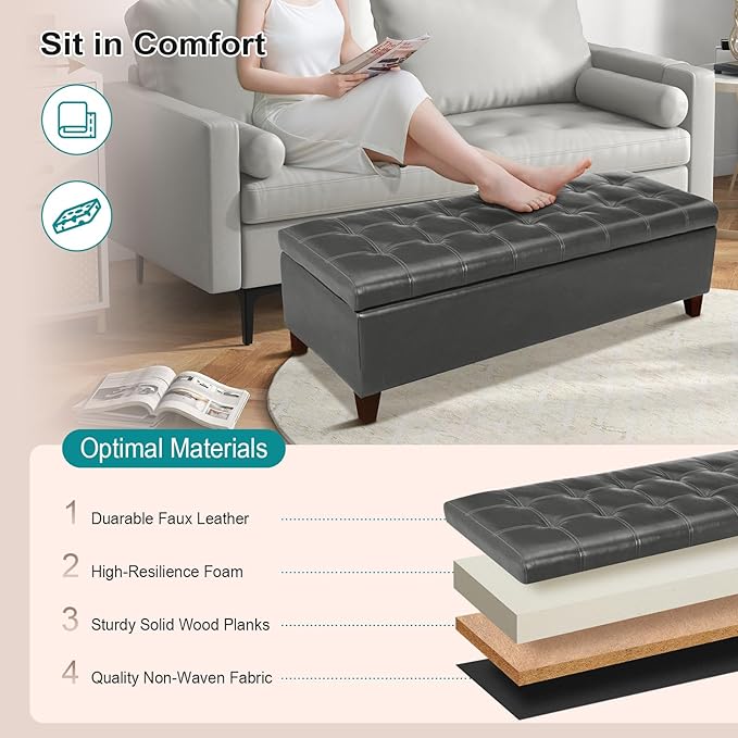 DECO DE VILLE Ottoman with Storage, 51 Inch End of Bed Storage Ottoman Bench, Faux Leather Upholstered Ottomans with Hinged Lid, Rectangle Long Foot Rest Bench for Entryway Living Room Bedroom Gray