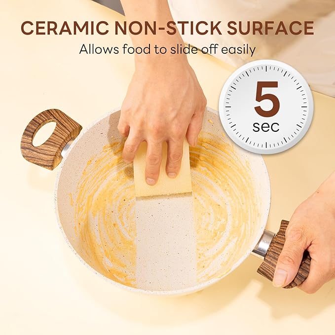 Sweetcrispy 17 Pcs Nonstick Pots and Pans, Non-toxic Kitchen Cooking Set with Stay-Cool Handles, Cream White