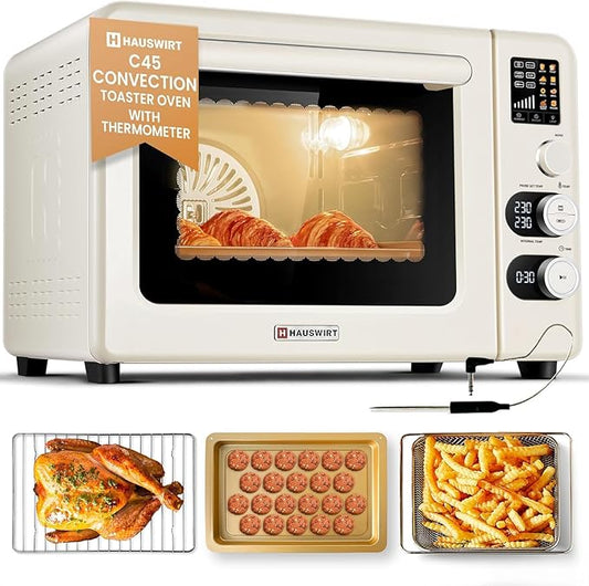 Hauswirt Toaster Oven Air Fryer, XL Large Convection Oven Countertop Rotisserie Chicken 42Qt 3-Tier for 5-8 People, 8 Mode Smart Toaster Stainless Steel 80째F - 500째F Quick & Even Crisp - Ivory