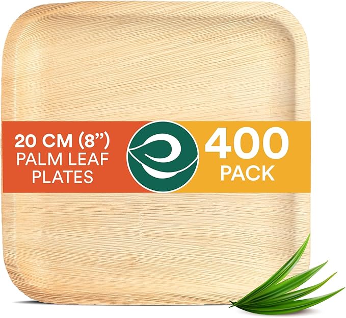 ECO SOUL Palm Leaf Plates 8"(400 Count) Square Compostable Bamboo Plates Heavy- Duty, Biodegradable Eco-Friendly Dinnerware for Christmas Party Dinner, Wedding, Holiday & Event