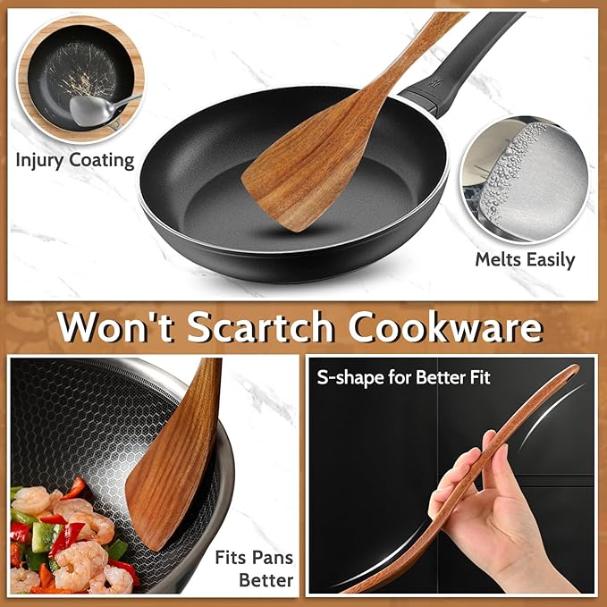 Pleafind Natural Teak Wooden Utensil Set - 9 Pcs, Wooden Spoons for Cooking, Wooden Cooking Utensils Set with Holder 竊?Spoon Rest, Soft Comfort-Grip Wood Kitchen Utensil Set for Non-Stick Cookware