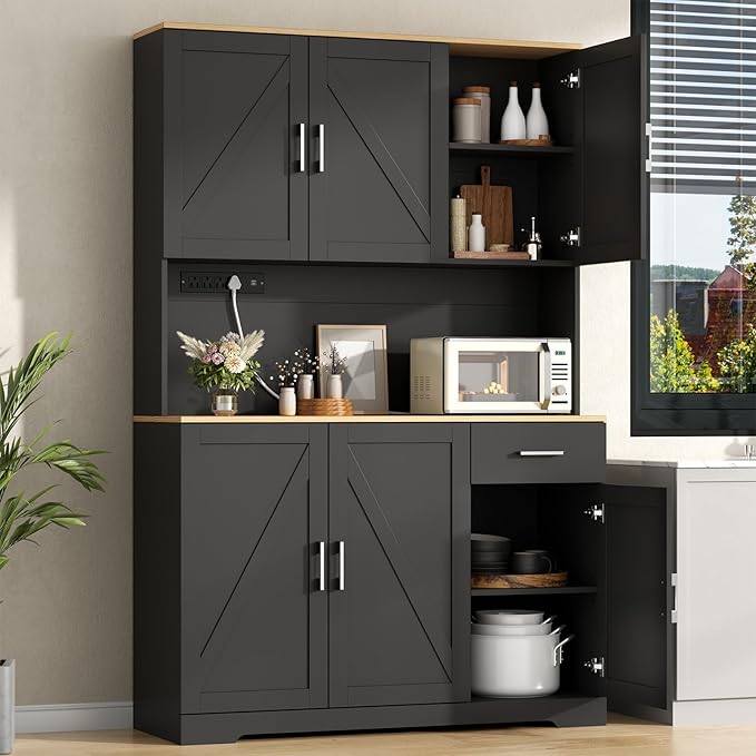 71'' Tall Kitchen Pantry Cabinet w/Power Outlet, Farmhouse Kitchen Storage Cabinet Freestanding Hutch w/Drawer, 4 Adjustable Shelf & 6 Doors for Dining (Black, 71?섃섽 x 40.24''W x15.28''D)