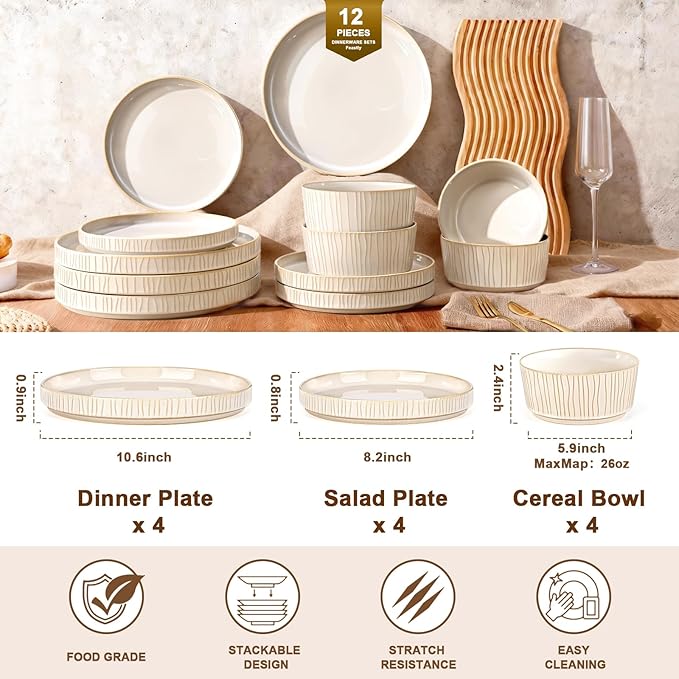 Ceramic Dinnerware Sets for 4, 12 Pcs Ribbed Reactive Glaze Plates and Bowls Sets, Chip Scratch Resistant, Microwave Dishwasher Safe Dish Set, Christmas Housewarming Gifts, Cappuccino White
