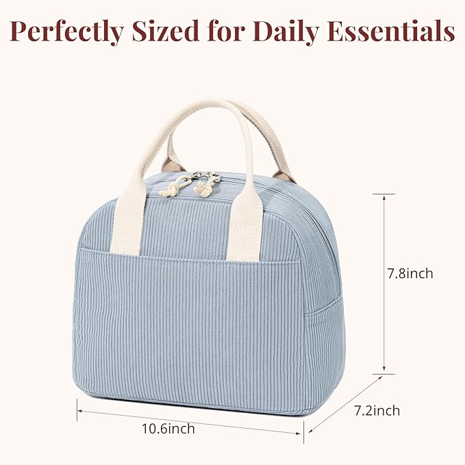 LOVELYWIND Insulated Lunch Bag for Women Men, Stylish Corduroy Tote Bag with Aluminum Lining, Large Capacity Reusable Cooler for Work, Travel, or Beach, Dusty Blue Lunch Box